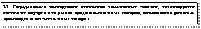Надпись: VI. Определяются последствия изменения таможенных пошлин, анализируется состояние внутреннего рынка продовольственных товаров, возможности развития производства отечественных товаров
