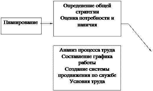 Надпись: Определение общей стратегии
Оценка потребности и наличия
,Надпись: Анализ процесса труда
Составление графика работы
Создание системы продвижения по службе
Условия труда