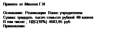 Надпись: Принято от Михеев Г.И

Основание: Реализация Взнос учредителем
Сумма: тридцать тысяч семьсот рублей 00 копеек
В том числе ;  НДС(18%) 4683,05 руб. 
Приложение:  
