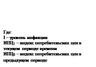 Надпись: Где:
I – уровень инфляции
ИПЦ1 – индекс потребительских цен в те-кущем периоде времени
ИПЦ0 – индекс потребительских цен в предыдущем периоде
