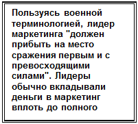 Надпись: Пользуясь военной тер-минологией, лидер мар-кетинга "должен прибыть на место сражения пер-вым и с превосходящи-ми силами". Лидеры обычно вкладывали деньги в маркетинг вплоть до полного про-яснения ситуации.

