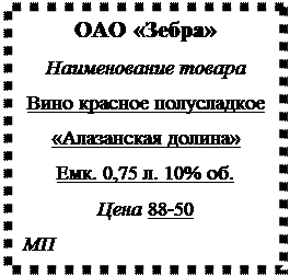 Надпись: ОАО «Зебра»
Наименование товара
Вино красное полусладкое
«Алазанская долина»
Емк. 0,75 л. 10% об.
Цена 88-50
МП
