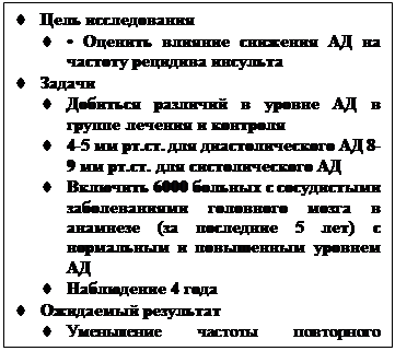 Надпись: •	Цель исследования
•	• Оценить влияние снижения АД на частоту рецидива инсульта
•	Задачи
•	Добиться различий в уровне АД в группе лечения и контроля
•	4-5 мм рт.ст. для диастолического АД 8-9 мм рт.ст. для систолического АД
•	Включить 6000 больных с сосудисты-ми заболеваниями головного мозга в анамнезе (за последние 5 лет) с нор-мальным и повышенным уровнем АД
•	Наблюдение 4 года
•	Ожидаемый результат
•	Уменьшение частоты повторного ин-сульта в группе Престариума на 30%
